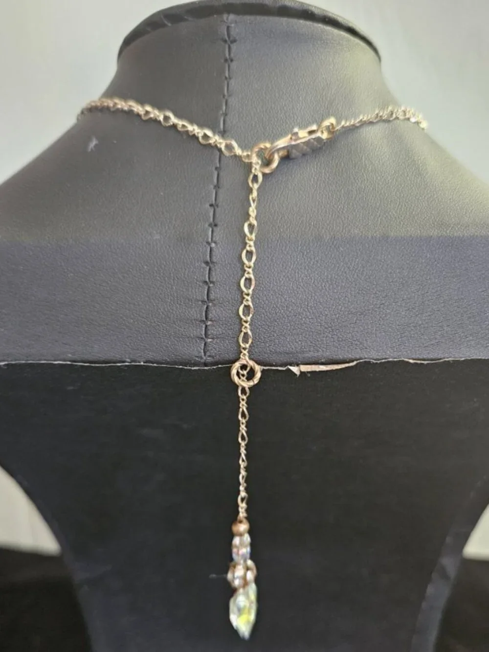 Vintage Iridescent Crystal Hanging Heart Goldtone Necklace With Back Heart
